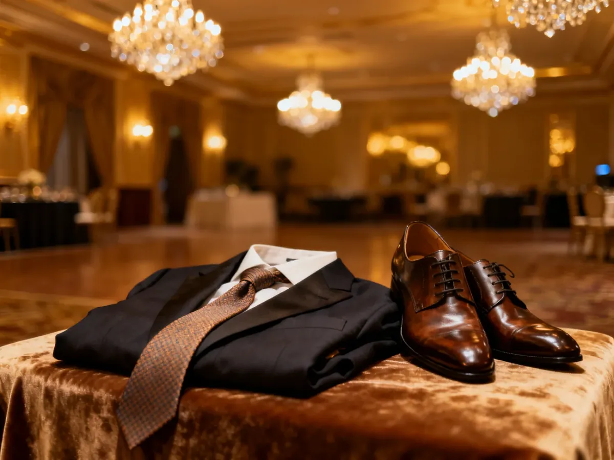 Elegancki męski garnitur, krawat i wypolerowane buty przygotowane na wieczorny bankiet w luksusowej sali.