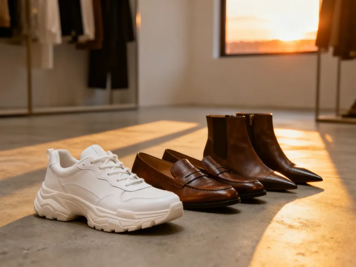 Różnorodne modele obuwia, w tym sneakersy, mokasyny i botki, ustawione na betonowej podłodze w minimalistycznym wnętrzu.