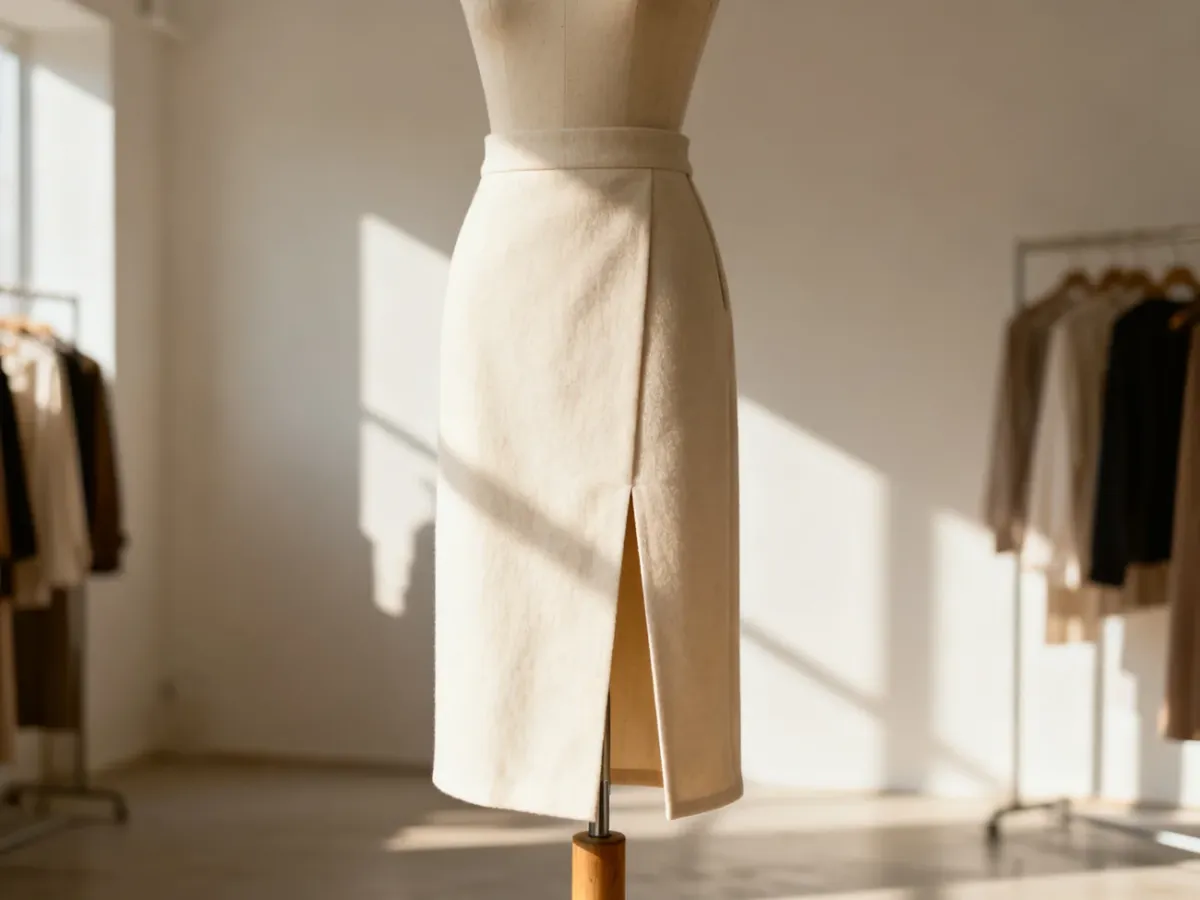 Stylowa spódnica midi z rozcięciem wyeksponowana na manekinie w minimalistycznym atelier. Elegancka propozycja modowa.
