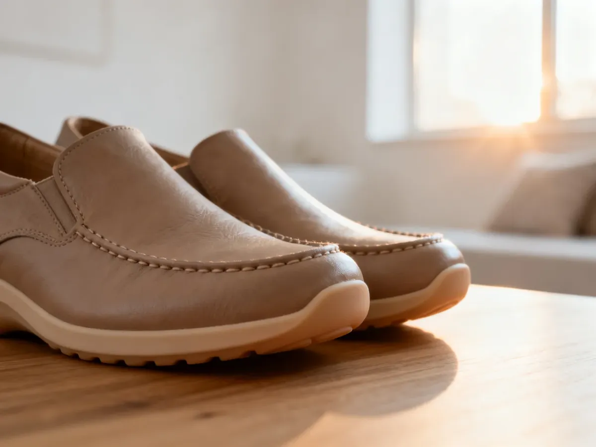 Wysokiej jakości skórzane buty z elastyczną, ergonomiczną podeszwą na drewnianym podłożu w słonecznym wnętrzu.
