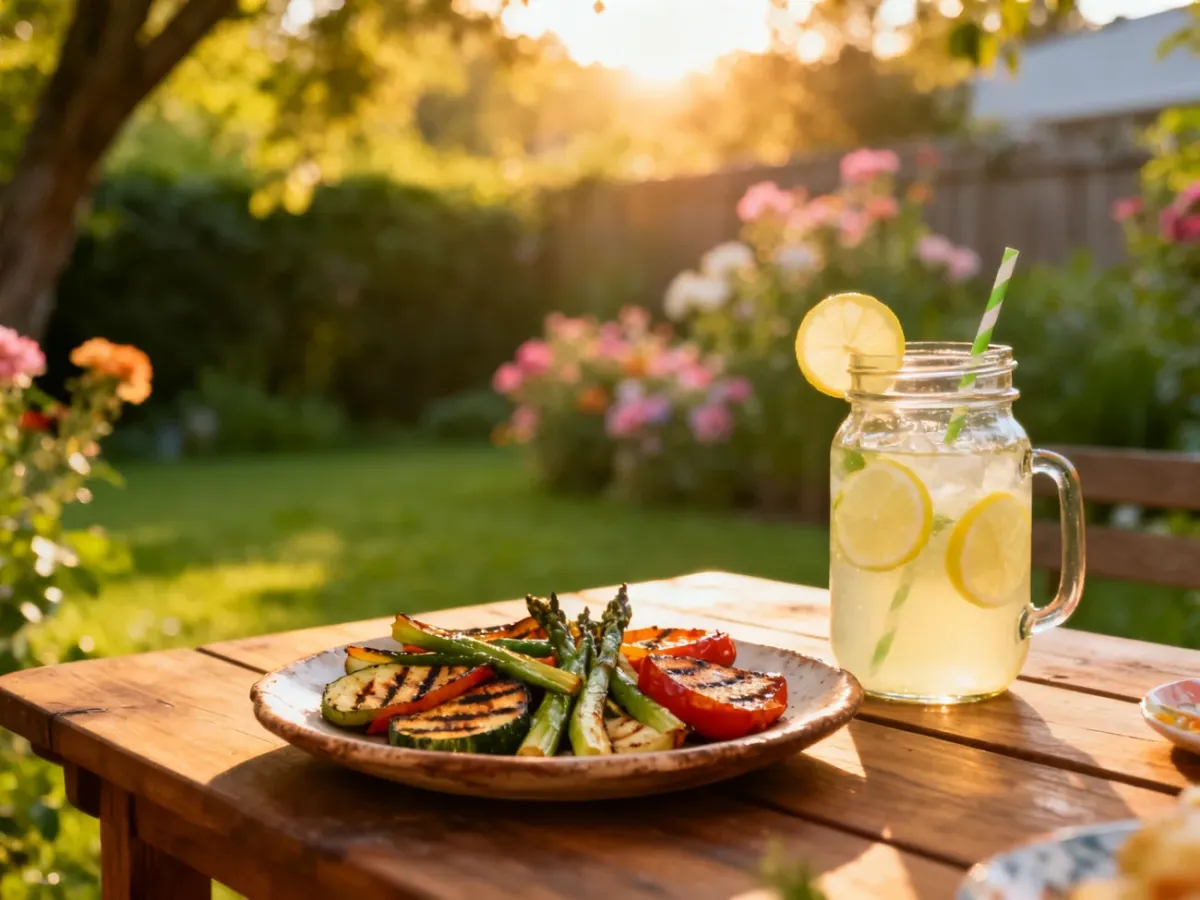 Stół w ogrodzie z grillowanymi warzywami i lemoniadą w promieniach zachodzącego słońca, tworzący przytulny klimat letniego spotkania.