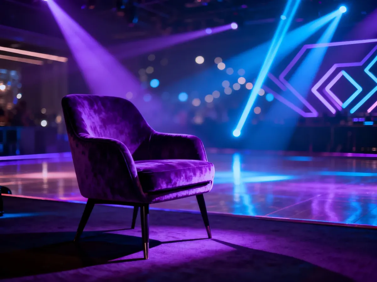 Nowoczesny, welurowy fotel w klubowej scenerii z neonowym oświetleniem, tworzący stylowy klimat idealny na imprezę.
