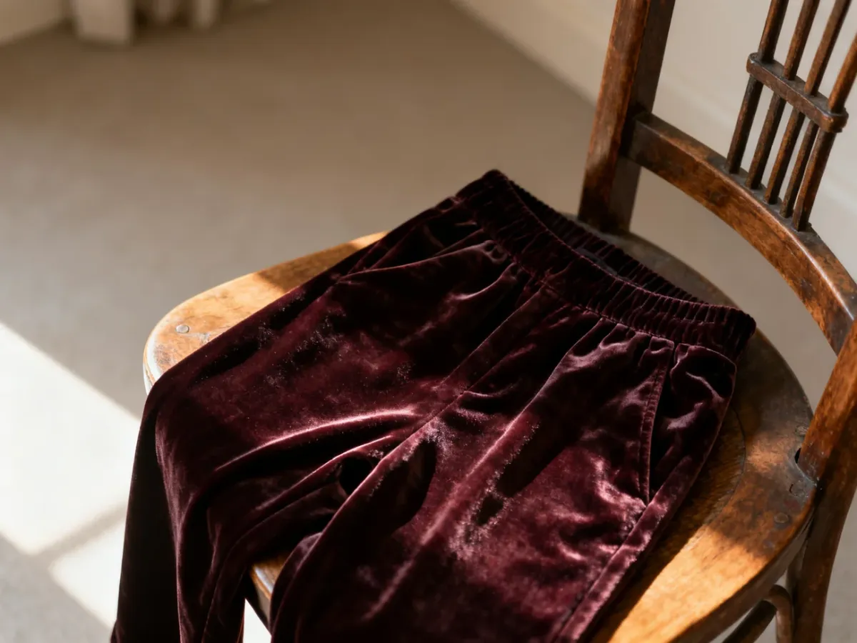 Eleganckie aksamitne spodnie przewieszone przez drewniane krzesło, podkreślające szlachetną fakturę materiału.
